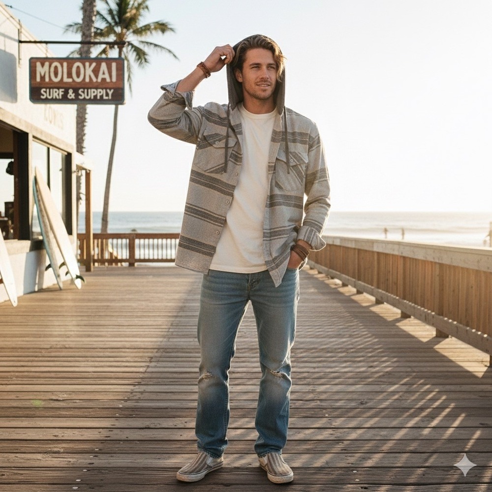 Molokai Surf Co Men's Hooded Flannel Shirt Size M Gray Striped Hoodie Shacket
